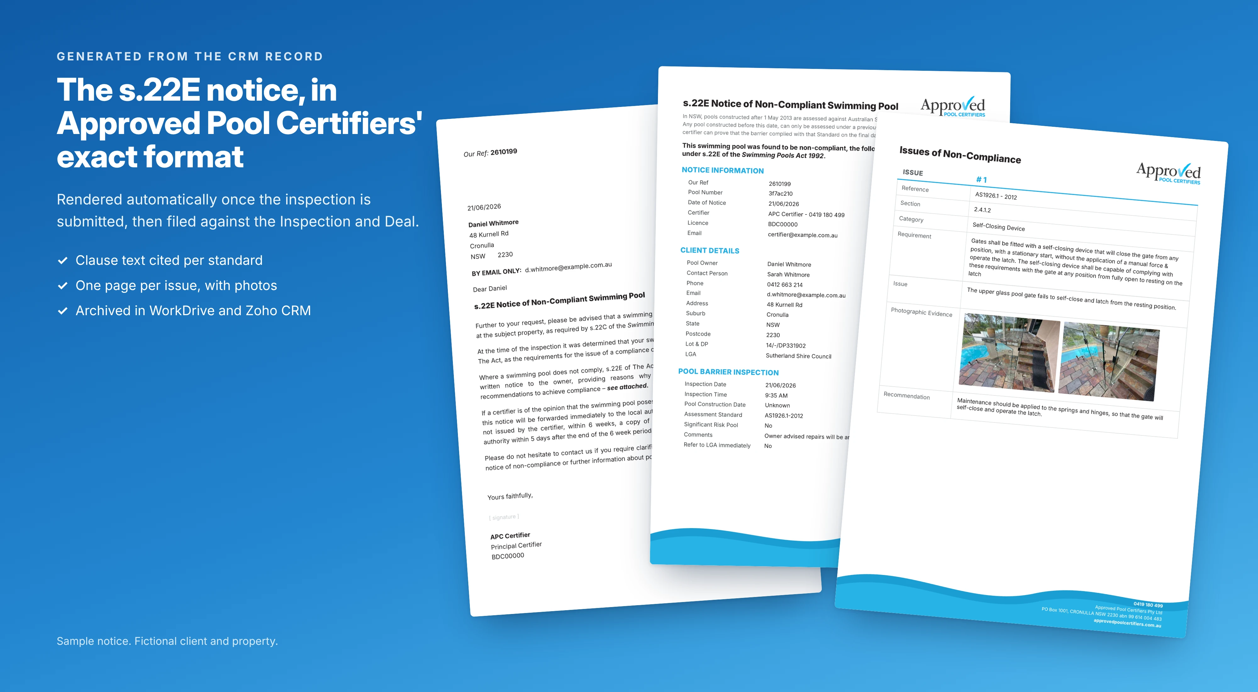 Sample s.22E Notice of Non-Compliant Swimming Pool generated from the Zoho CRM inspection record, with photo evidence for each issue