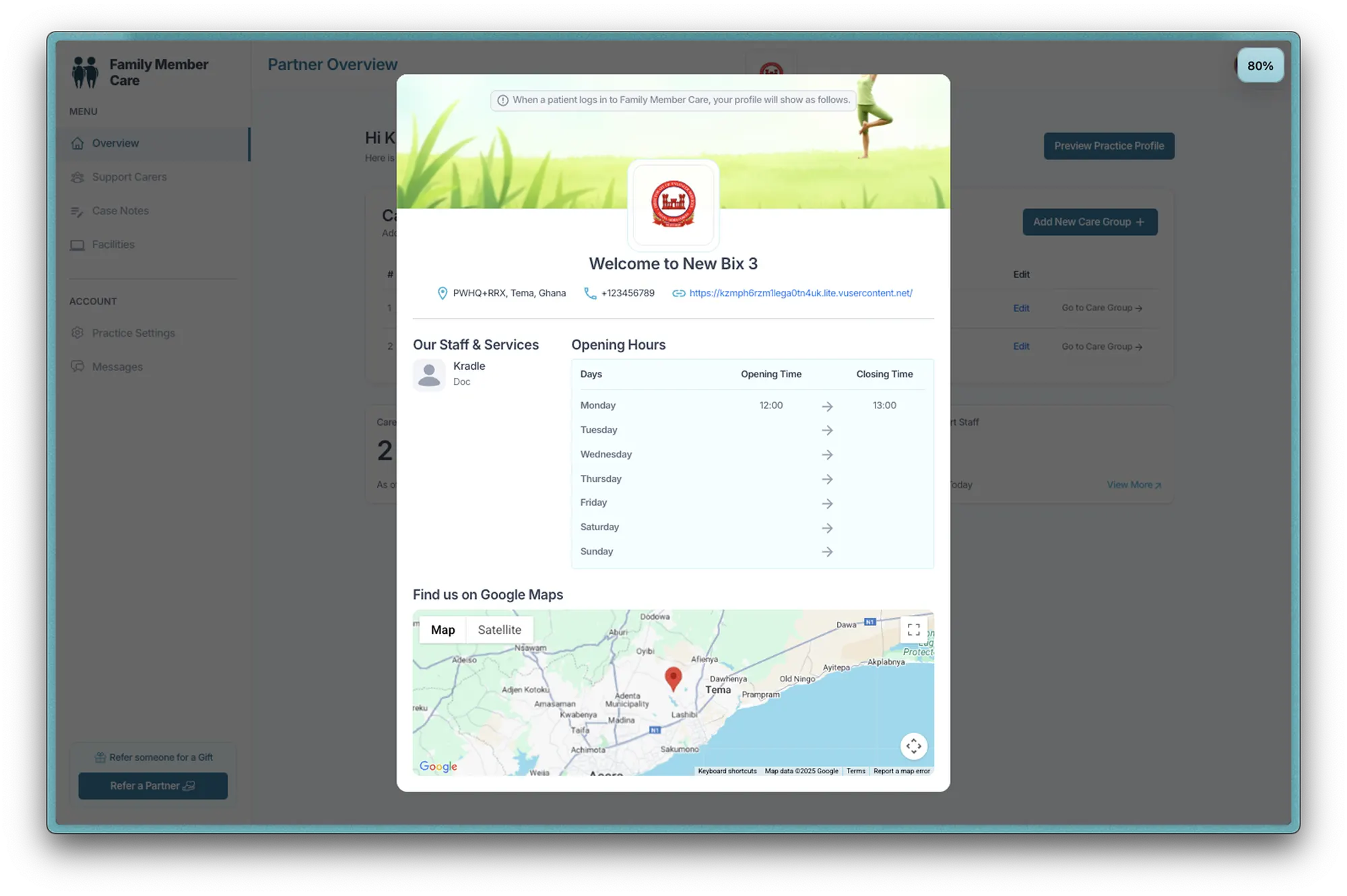 Family Member Care practice profile preview with staff, opening hours and a Google Maps location