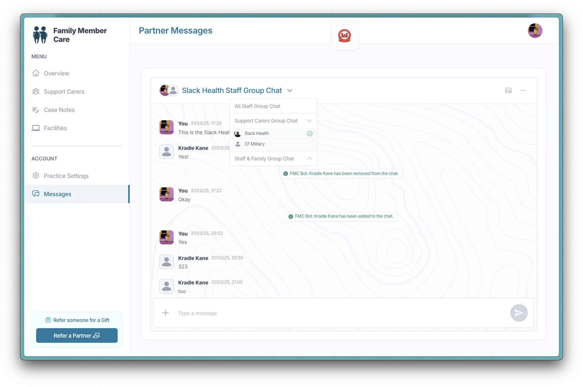 Family Member Care partner messages screen with a staff group chat and conversation selector