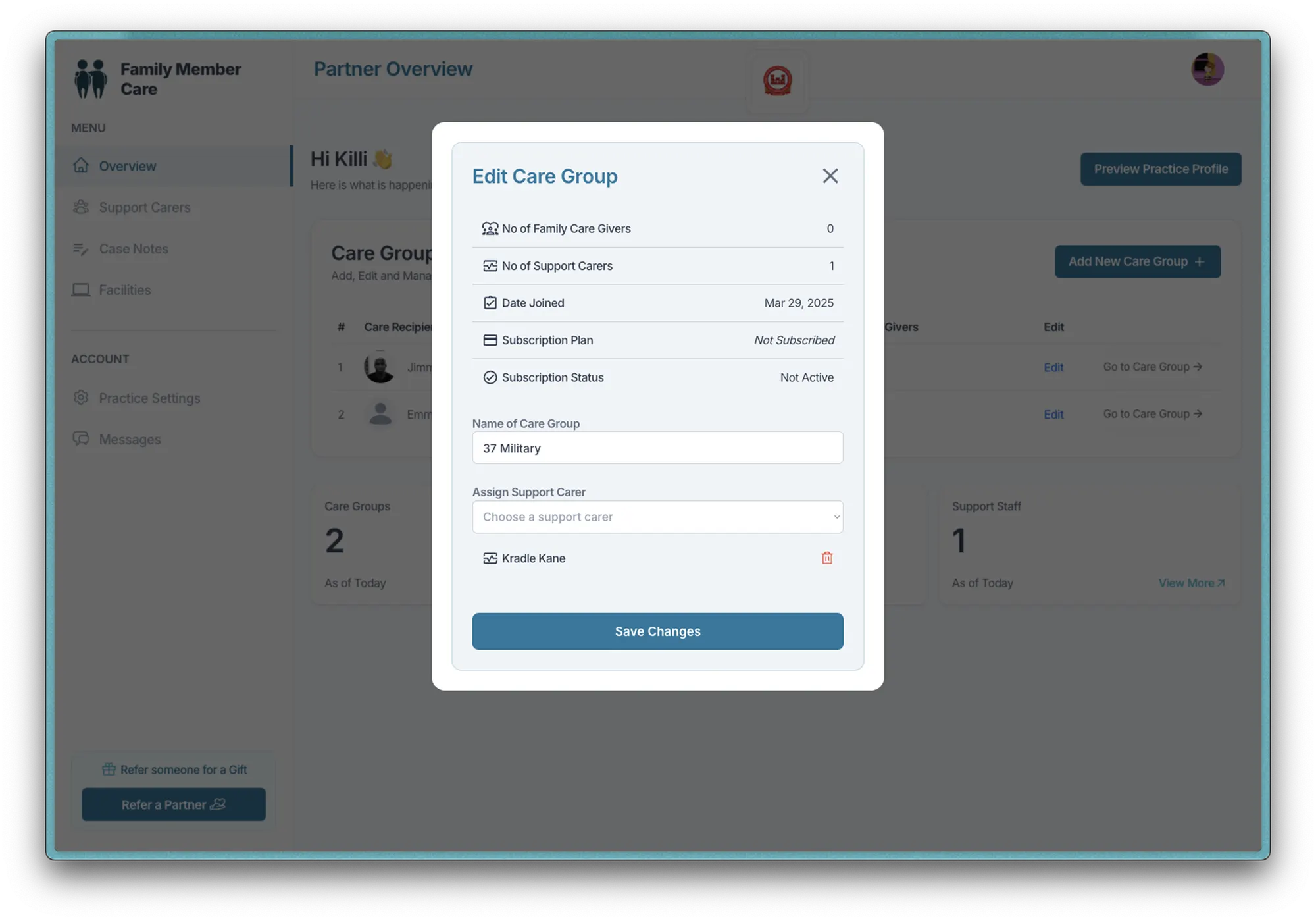 Family Member Care edit care group dialog with carers, subscription details and an assign carer field