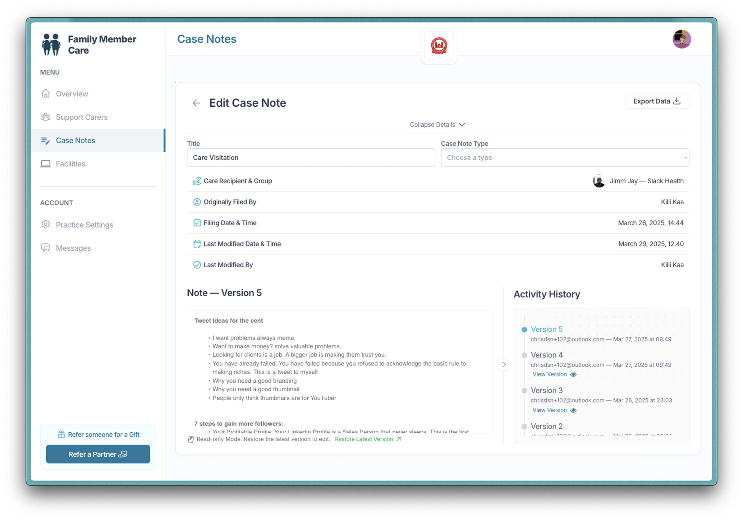 Family Member Care case note editor showing version history and an activity timeline panel